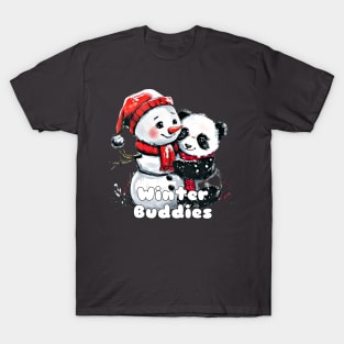 Winter Buddies: Panda and Snowman Holiday Delight T-Shirt